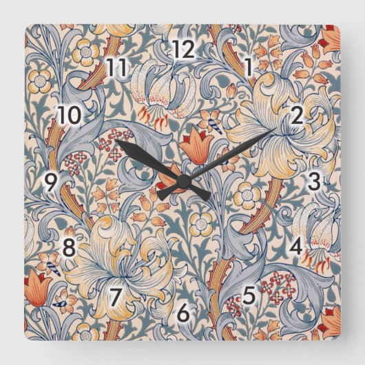 Golden Lily, William Morris Quadratische Wanduhr (Vorderseite)