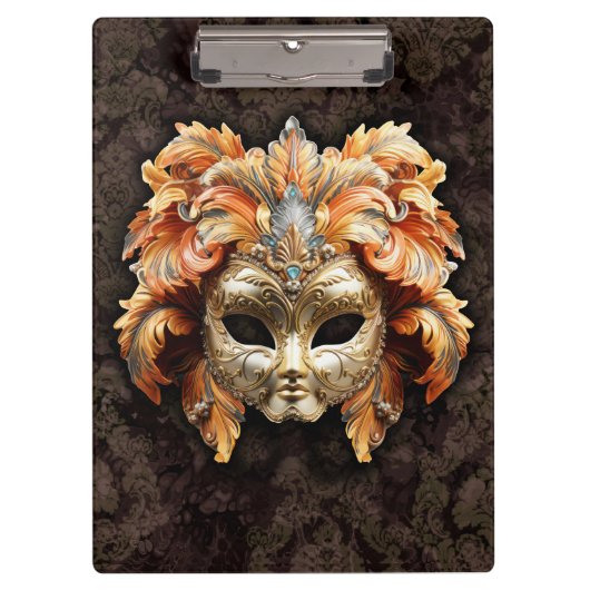 Golden Lion Mask with a Orange Feathers  Klemmbrett (Vorderseite)