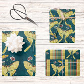 Golden Luna Moth mit Blume auf Aquamarin mit Karie Geschenkpapier Set
