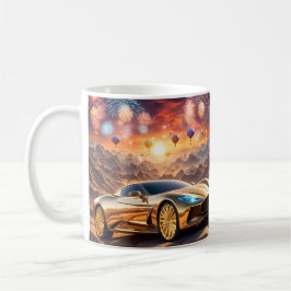 golden luxury car in a desert landscape kaffeetasse