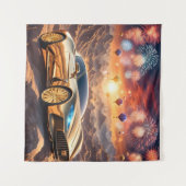 golden luxury car in a desert landscape wandteppich (Vorderseite (Horizontal))