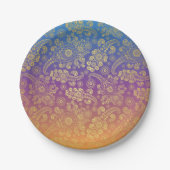 Golden Luxury Paisley on Blue, Lila und Orange Pappteller (Vorderseite)