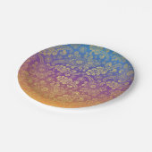 Golden Luxury Paisley on Blue, Lila und Orange Pappteller (Schrägansicht)