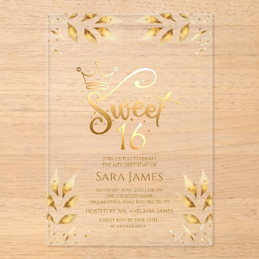 Golden Majesty Sweet 16 Acrylic Invitation Acryleinladungen (Vorderseite)