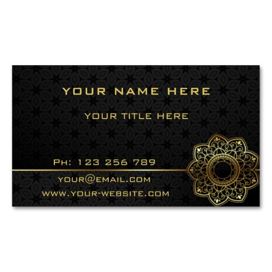 Golden Mandala Blume Gold Text Schwarz Beruflich Magnetische Visitenkarte (Vorderseite)