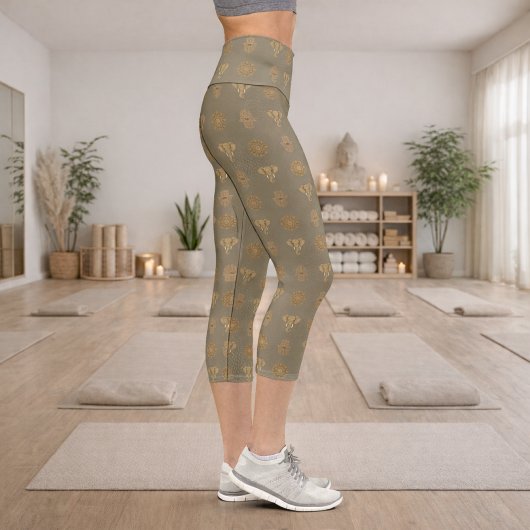 Golden Mandala Elephant Hamsa Hand -Boho Art Print Capri Leggings