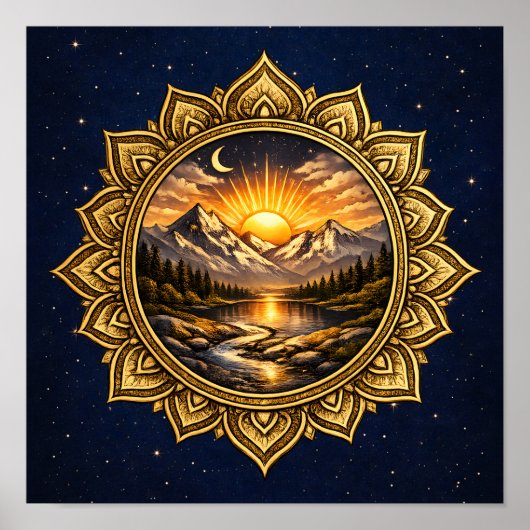 Golden Mandala Mountain Sunset Cosmic Boho Nature Poster (Vorne)