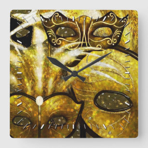 Golden Mardi Gras Masken Wall Clock Quadratische Wanduhr