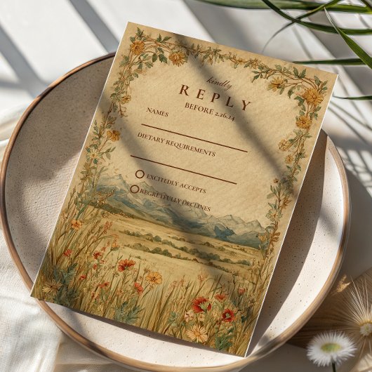 Golden Meadow Mountain Wedding RSVP Karte