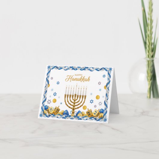Golden Menorah & Dreidel — Happy Hanukkah Card Dankeskarte (Vorderseite)