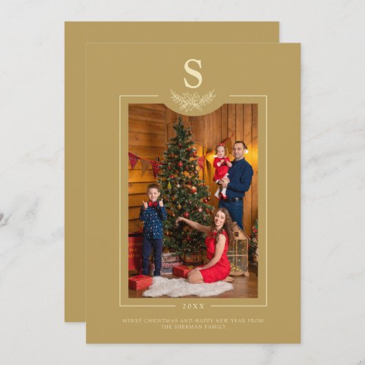 Golden Merry Christmas Monogrammed Photo Family (Vorne/Hinten)