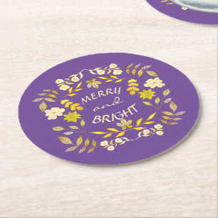 GOLDEN MERRY UND BRIGHT personalisiert Runder Pappuntersetzer