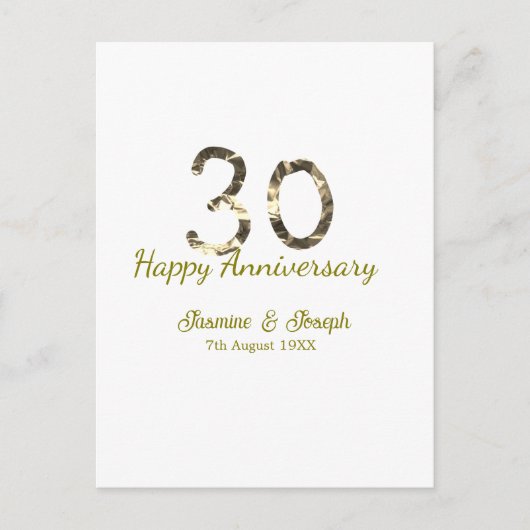 Golden Metallic 30th Happy anniversary add name Postkarte (Vorderseite)