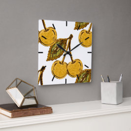 Golden Metallic Cherries Pattern Quadratische Wanduhr