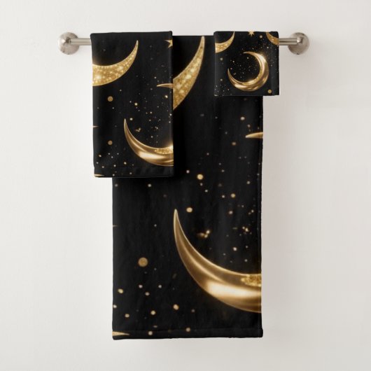 Golden Metallic Moons Pattern, Luxe Celestial Badhandtuch Set (Insitu)