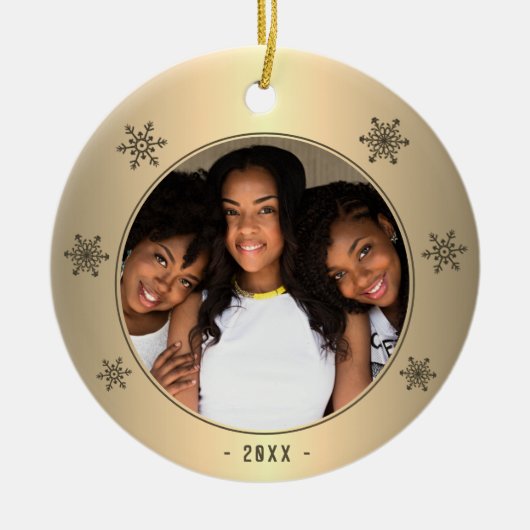 Golden Metallic Snowflake Family Foto Keramik Ornament (Vorne)