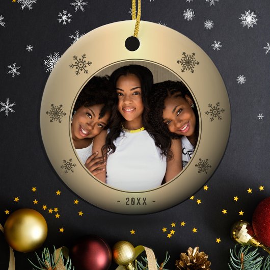 Golden Metallic Snowflake Family Foto Keramik Ornament