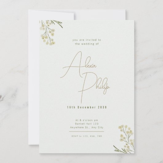 Golden Minimalistische Aquarellfarben Blume Hochze Einladung (Vorderseite)