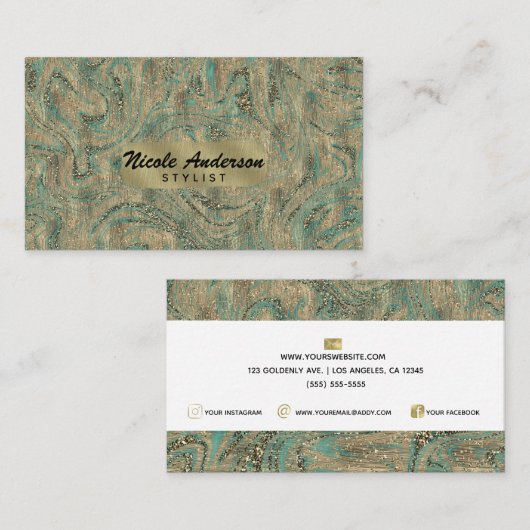 Golden & Minty Turquoise Glitzer Swirl Luxuriöser Visitenkarte (Vorne/Hinten)