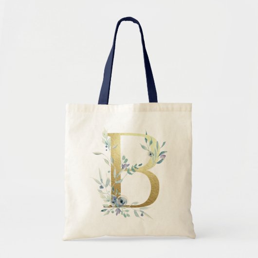 Golden Monogram Letter B Blue Watercolor-Blume Tragetasche (Vorne)