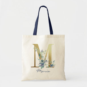Golden Monogram Letter M Blauer Name Blumendekor Tragetasche
