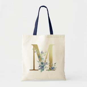Golden Monogram Letter M Blue Watercolor Blume Tragetasche
