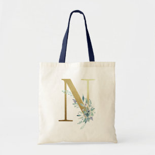 Golden Monogram Letter N Blauer Name Blumendekor Tragetasche