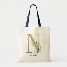Golden Monogram Letter N Blauer Name Blumendekor Tragetasche