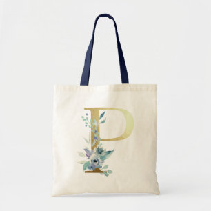 Golden Monogram Letter P Blue Watercolor-Blume Tragetasche