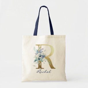 Golden Monogram Letter R Blauer Name Blumendekor Tragetasche