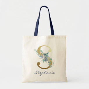 Golden Monogram Letter S Blauer Name Blumendekor Tragetasche