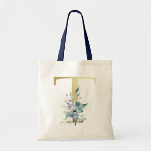 Golden Monogram Letter T Blue Watercolor-Blume Tragetasche