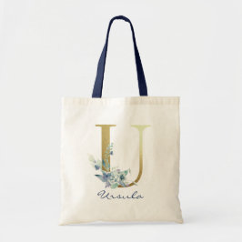 Golden Monogram Letter U Blue Name Blumendekor Tragetasche
