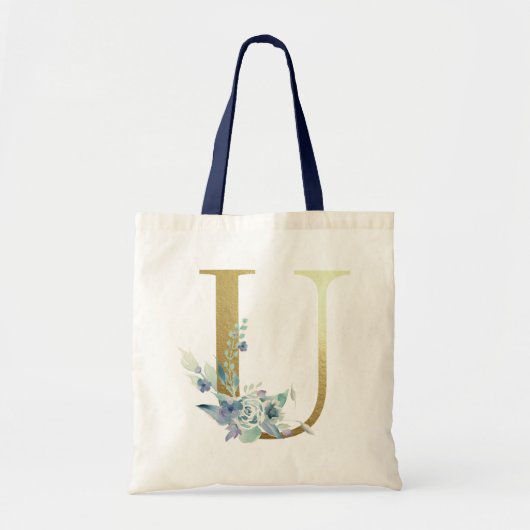 Golden Monogram Letter U Blue Watercolor-Blume Tragetasche (Vorne)