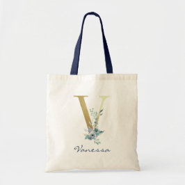 Golden Monogram Letter V Blauer Name Blumendekor Tragetasche