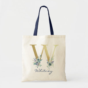 Golden Monogram Letter W Blauer Name Blumendekor Tragetasche