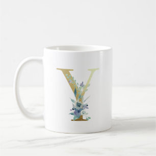 Golden Monogram Letter Y Blue Watercolor-Blume Kaffeetasse