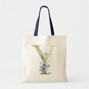 Golden Monogram Letter Y Blue Watercolor-Blume Tragetasche