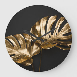 Golden Monstera: Luxuriöse künstlerische Kompositi Große Wanduhr