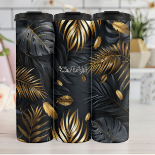 Golden Monstera und Palm Blätter Thermosbecher