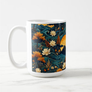 Golden Moon Mountain Nacht Himmel Lotus Blumenmust Kaffeetasse