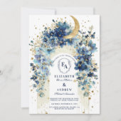 Golden Moon und Midnight Florals Wedding Einladung (Vorderseite)