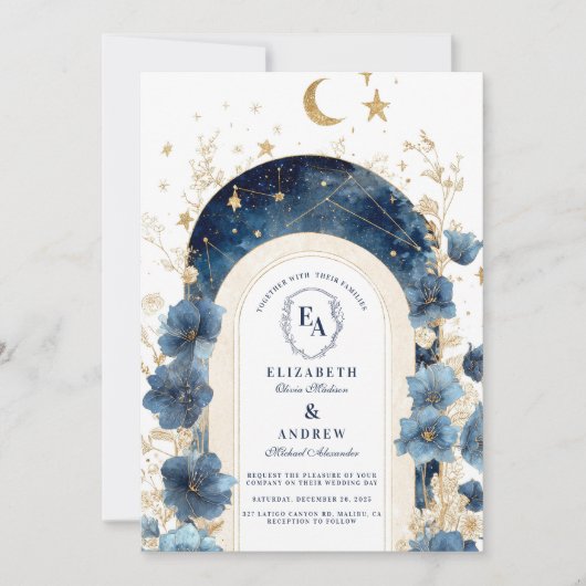 Golden Moonlit Blumenträume Hochzeit Einladung (Vorderseite)