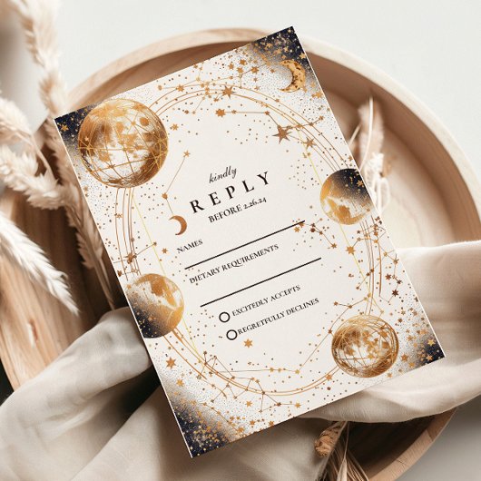 Golden Moonlit Celestial Wedding RSVP Karte