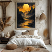 Golden Moonlit River in Monochrom Gold Poster