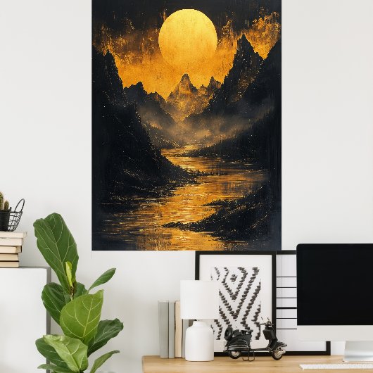 Golden Moonlit River in Monochrom Gold Poster (Heimbüro)