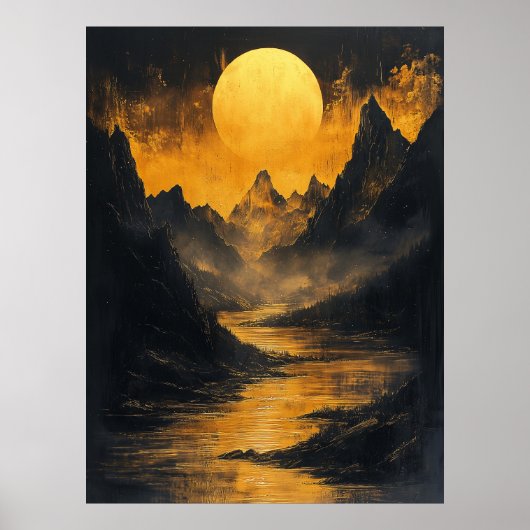 Golden Moonlit River in Monochrom Gold Poster (Vorne)