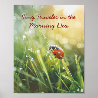 Golden Morning Ladybug: Nature's Dew-Kissed Beauty Poster
