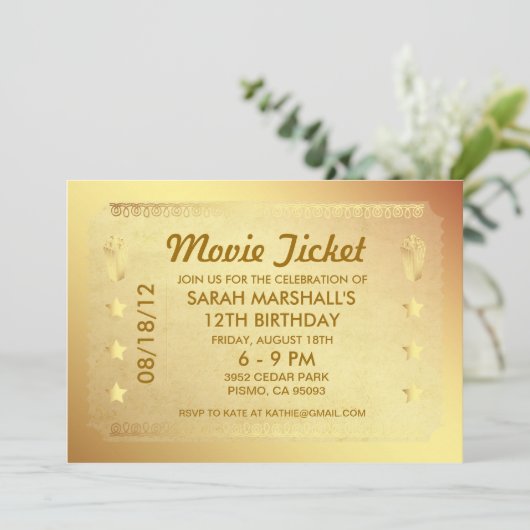 Golden Movie Ticket Einladung (Stehend Vorderseite)