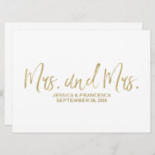 Golden "Mrs. and Mrs." Lesbian Wedding Sign Einladung (Vorne/Hinten)